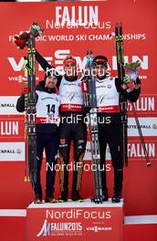 20.02.2015, Falun, Sweden (SWE): Alessandro Pittin (ITA), Johannes Rydzek (GER), Jason Lamy Chappuis (FRA), (l-r) - FIS nordic world ski championships, nordic combined, individual gundersen HS100/10km, Falun (SWE). www.nordicfocus.com. © NordicFocus. Every downloaded picture is fee-liable.
