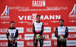 20.02.2015, Falun, Sweden (SWE): Alessandro Pittin (ITA), Johannes Rydzek (GER), Jason Lamy Chappuis (FRA), (l-r) - FIS nordic world ski championships, nordic combined, individual gundersen HS100/10km, Falun (SWE). www.nordicfocus.com. © NordicFocus. Every downloaded picture is fee-liable.