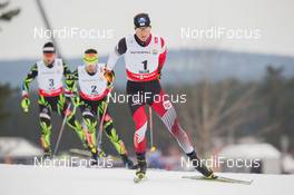 26.02.2015, Falun, Sweden (SWE): Bernhard Gruber (AUT), Jason Lamy Chappuis (FRA), Francois Braud (FRA), (l-r)  - FIS nordic world ski championships, nordic combined, individual gundersen HS134/10km, Falun (SWE). www.nordicfocus.com. © NordicFocus. Every downloaded picture is fee-liable.