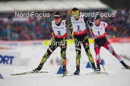 26.02.2015, Falun, Sweden (SWE): Francois Braud (FRA), Jason Lamy Chappuis (FRA), Bernhard Gruber (AUT), (l-r)  - FIS nordic world ski championships, nordic combined, individual gundersen HS134/10km, Falun (SWE). www.nordicfocus.com. © NordicFocus. Every downloaded picture is fee-liable.