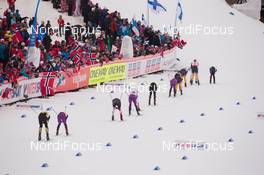 26.02.2015, Falun, Sweden (SWE): Magnus Hovdal Moan (NOR), Bryan Fletcher (USA), (l-r) Lead the field into the stadium - FIS nordic world ski championships, nordic combined, individual gundersen HS134/10km, Falun (SWE). www.nordicfocus.com. © NordicFocus. Every downloaded picture is fee-liable.