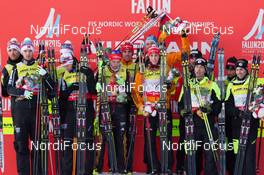 22.02.2015, Falun, Sweden (SWE): Tino Edelmann (GER), Eric Frenzel (GER), Johannes Rydzek (GER), Magnus Moan (NOR), Havard Klemetsen (NOR), Mikko Kokslien (NOR), Joergen Graabak (NOR), Jason Lamy-Chappuis (FRA), Francois Braud (FRA), Maxime Laheurte (FRA), Sebastien Lacroix (FRA) - FIS nordic world ski championships, nordic combined, team HS100/4x5km, Falun (SWE). www.nordicfocus.com. © NordicFocus. Every downloaded picture is fee-liable.