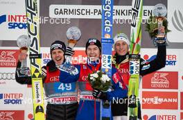 01.01.2015, Garmisch, Germany (GER): (l-r) Simon Ammann (SUI), Fischer, Anders Jacobsen (NOR) and Peter Prevc (SLO) - FIS world cup ski jumping, four hills tournament, individual HS140, Garmisch (GER). www.nordicfocus.com. © Laiho/NordicFocus. Every downloaded picture is fee-liable.