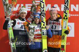 15.01.2015, Wisla, Poland (POL): Peter Prevc (SLO), Elan , Stefan Kraft (AUT), Fischer , Severin Freund (GER), Fischer (l-r) - FIS world cup ski jumping, individual HS134, Wisla (POL). www.nordicfocus.com. © Domanski/NordicFocus. Every downloaded picture is fee-liable.