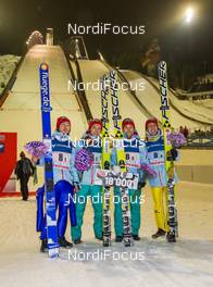 07.03.2015, Lahti, Finland (FIN): (l-r) Shohei Tochimoto (JPN), Taku Takeuchi (JPN), Fischer, Daiki Ito (JPN), Fischer and Noriaki Kasai (JPN), Fischer - FIS world cup ski jumping, team HS130, Lahti (FIN). www.nordicfocus.com. © Laiho/NordicFocus. Every downloaded picture is fee-liable.