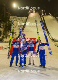 07.03.2015, Lahti, Finland (FIN): (l-r) Anders Bardal (NOR), Fischer, Anders Jacobsen (NOR), Rune Velta (NOR), Fischer and Anders Fannemel (NOR) - FIS world cup ski jumping, team HS130, Lahti (FIN). www.nordicfocus.com. © Laiho/NordicFocus. Every downloaded picture is fee-liable.