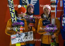 07.03.2015, Lahti, Finland (FIN): (l-r) Markus Eisenbichler (GER), Severin Freund (GER), Fischer and Marinus Kraus (GER), Loeffler - FIS world cup ski jumping, team HS130, Lahti (FIN). www.nordicfocus.com. © Laiho/NordicFocus. Every downloaded picture is fee-liable.