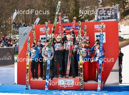 21.03.2015, Planica, Slovenia (SLO): Team Austria, Team Slovenia, Team Norway (l-r) - FIS world cup ski jumping, team HS215, Planica (SLO). www.nordicfocus.com. © Felgenhauer/NordicFocus. Every downloaded picture is fee-liable.