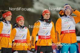 22.02.2015, Falun, Sweden (SWE): Carina Vogt (GER), Katharina Althaus (GER), Richard Freitag (GER), Severin Freund (GER), (l-r)  - FIS nordic world ski championships, ski jumping, mixed team HS100, Falun (SWE). www.nordicfocus.com. © NordicFocus. Every downloaded picture is fee-liable.