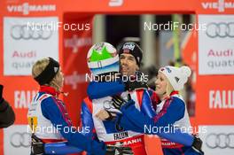 22.02.2015, Falun, Sweden (SWE): Maren Lundby (NOR), Rune Velta (NOR), Anders Bardal (NOR), Line Jahr (NOR) - FIS nordic world ski championships, ski jumping, mixed team HS100, Falun (SWE). www.nordicfocus.com. © NordicFocus. Every downloaded picture is fee-liable.