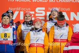 22.02.2015, Falun, Sweden (SWE): Maren Lundby (NOR), Rune Velta (NOR), Carina Vogt (GER), Katharina Althaus (GER), Severin Freund (GER), Richard Freitag (GER), (l-r)  - FIS nordic world ski championships, ski jumping, mixed team HS100, Falun (SWE). www.nordicfocus.com. © NordicFocus. Every downloaded picture is fee-liable.
