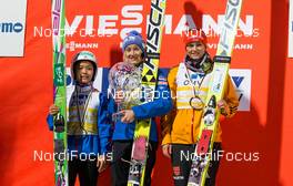 13.03.2015, Oslo, Norway (NOR): Price giving ceremony of the overall world cup (l-r) Sara Takanashi (JPN), Daniela Iraschko-Stolz (AUT), Fischer and Carina Vogt (GER), Fischer - FIS world cup ski jumping ladies, individual HS134, Oslo (NOR). www.nordicfocus.com. © Laiho/NordicFocus. Every downloaded picture is fee-liable.