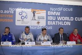 15.03.2016, Khanty-Mansiysk, Russia (RUS): Vlastimil Jakes (CZE), TD, Borut Nunar (SLO) IBU race director, Viktor Maigurov (RUS), IBU first vice president, Alexey Putin (RUS), Vadim Melikhov (RUS) -  IBU world cup biathlon, team captains meeting, Khanty-Mansiysk (RUS). www.nordicfocus.com. © Manzoni/NordicFocus. Every downloaded picture is fee-liable.