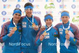 02.02.2016, Cheile Gradistei, Romania (ROU): SHAMAEV Dmitrii(RUS), PLITCEV Viktor(RUS), PORSHNEV Nikita(RUS), STRELTSOV Kirill(RUS), - IBU Youth and Junior world ski championships biathlon, medals, Cheile Gradistei (ROU). www.nordicfocus.com. © Tumashov/NordicFocus. Every downloaded picture is fee-liable.