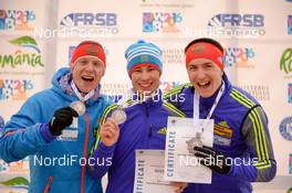 01.02.2016, Cheile Gradistei, Romania (ROU): MALINOVSKII Igor(RUS),  MALEEV Viacheslav(RUS), TUTMIN Egor(RUS) - IBU Youth and Junior world ski championships biathlon, medals, Cheile Gradistei (ROU). www.nordicfocus.com. © Tumashov/NordicFocus. Every downloaded picture is fee-liable.