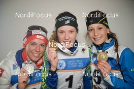 31.01.2016, Cheile Gradistei, Romania (ROU):  HAECKI Lena(SUI), OEBERG Hanna(SWE), CHEVALIER Chloe(FRA) - IBU Youth and Junior world ski championships biathlon, medals, Cheile Gradistei (ROU). www.nordicfocus.com. © Tumashov/NordicFocus. Every downloaded picture is fee-liable.