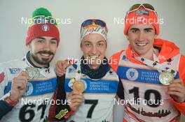 28.01.2016, Cheile Gradistei, Romania (ROU): BARETTO Andrea(ITA), LEITNER Felix(AUT), DOHERTY Sean(USA) - IBU Youth and Junior world ski championships biathlon, medals, Cheile Gradistei (ROU). www.nordicfocus.com. © Tumashov/NordicFocus. Every downloaded picture is fee-liable.