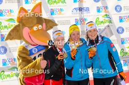 02.02.2016, Cheile Gradistei, Romania (ROU): KURZTHALER Susanna(AUT), SCHWAIGER Julia(AUT), KUPFNER Simone(AUT),  - IBU Youth and Junior world ski championships biathlon, medals, Cheile Gradistei (ROU). www.nordicfocus.com. © Tumashov/NordicFocus. Every downloaded picture is fee-liable.