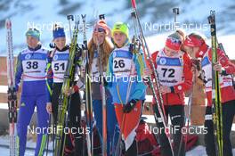 29.01.2016, Cheile Gradistei, Romania (ROU): KALKENBERG Emilie Aagheim(NOR), ERDAL Karoline(NOR), KRYVONOS Anna(UKR), DAVIDOVA Marketa(CZE), JEANMONNOT LAURENT Lou(FRA), PANTOVA Arina(KAZ) - IBU Youth and Junior world ski championships biathlon, sprint women youth, Cheile Gradistei (ROU). www.nordicfocus.com. © Tumashov/NordicFocus. Every downloaded picture is fee-liable.