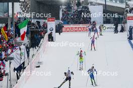 06.03.2016, Oslo, Norway (NOR): Erik Lesser (GER), Simon Desthieux (FRA), Jakov Fak (SLO), Johannes Thingnes Boe (NOR), Emil Hegle Svendsen (NOR), Ole Einar Bjoerndalen (NOR), Martin Fourcade (FRA) - IBU world championships biathlon, pursuit men, Oslo (NOR). www.nordicfocus.com. © Tumashov/NordicFocus. Every downloaded picture is fee-liable.
