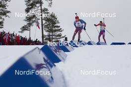 12.03.2016, Oslo, Norway (NOR): Anton Babikov (RUS), Tim Burke (USA), (l-r) - IBU world championships biathlon, relay men, Oslo (NOR). www.nordicfocus.com. © NordicFocus. Every downloaded picture is fee-liable.