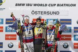 01.12.2016, Oestersund, Sweden, (SWE): Johannes Thingnes Boe (NOR), Martin Fourcade (FRA), Vladimir Chepelin (BLR), (l-r) - IBU world cup biathlon, individual men, Oestersund (SWE). www.nordicfocus.com. © Manzoni/NordicFocus. Every downloaded picture is fee-liable.