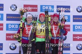 09.12.2016, Pokljuka, Slovenia (SLO): Justine Braisaz (FRA), Laura Dahlmeier (GER), Marte Olsbu (NOR), (l-r) -  IBU world cup biathlon, sprint women, Pokljuka (SLO). www.nordicfocus.com. © Manzoni/NordicFocus. Every downloaded picture is fee-liable.