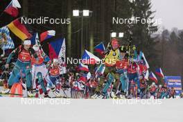 18.12.2016, Nove Mesto, Czech Republic (CZE): Celia Aymonier (FRA), Laura Dahlmeier (GER), Justine Braisaz (FRA), (l-r) - IBU world cup biathlon, mass women, Nove Mesto (CZE). www.nordicfocus.com. © Manzoni/NordicFocus. Every downloaded picture is fee-liable.