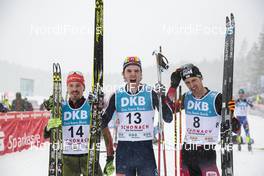 06.03.2016, Schonach, Germany (GER): Fabian Riessle (GER), Joergen Graabak (NOR), Lukas Klapfer (AUT), (l-r) - FIS world cup nordic combined, individual gundersen HS106/15km, Schonach (GER). www.nordicfocus.com. © Modica/NordicFocus. Every downloaded picture is fee-liable.