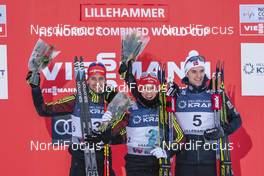 04.12.2016, Lillehammer, Norway (NOR): Bjoern Kircheisen (GER), Eric Frenzel (GER), Joergen Graabak (NOR), (l-r) - FIS world cup nordic combined, individual gundersen HS138/10km, Lillehammer (NOR). www.nordicfocus.com. © Modica/NordicFocus. Every downloaded picture is fee-liable.