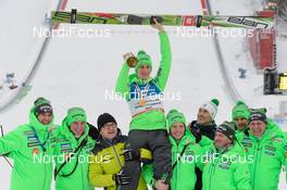 16.01.2016, Tauplitz/Bad Mitterndorf, Austria (AUT): Peter Prevc (SLO) celebrates with the Slovenian team - FIS ski flying world championships, individual HS225, Tauplitz/Bad Mitterndorf (AUT). www.nordicfocus.com. © Rauschendorfer/NordicFocus. Every downloaded picture is fee-liable.