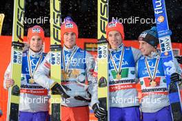 17.01.2016, Tauplitz/Bad Mitterndorf, Austria (AUT): Kenneth Gangnes (NOR), Daniel Andre Tande (NOR), Johann Andre Forfang (NOR), Anders Fannemel (NOR), (l-r) - FIS ski flying world championships, team HS225, Tauplitz/Bad Mitterndorf (AUT). www.nordicfocus.com. © Rauschendorfer/NordicFocus. Every downloaded picture is fee-liable.