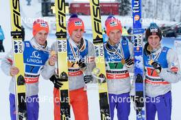 17.01.2016, Tauplitz/Bad Mitterndorf, Austria (AUT): Kenneth Gangnes (NOR), Daniel Andre Tande (NOR), Johann Andre Forfang (NOR), Anders Fannemel (NOR), (l-r) - FIS ski flying world championships, team HS225, Tauplitz/Bad Mitterndorf (AUT). www.nordicfocus.com. © Rauschendorfer/NordicFocus. Every downloaded picture is fee-liable.