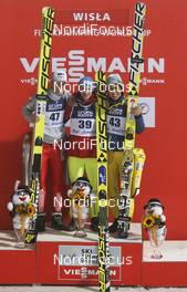 04.03.2016, Wisla, Poland (POL): podium, (l-r) , Kenneth Gangnes (NOR), Fischer , Roman Koudelka (CZE), Fiscger , Noriaki Kasai (JPN), Fischer - FIS world cup ski jumping, individual HS134, Wisla (POL). www.nordicfocus.com. © Domanski/NordicFocus. Every downloaded picture is fee-liable.
