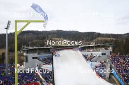 05.03.2016, Wisla, Poland (POL): a flag flutters in the wind at the venue - FIS world cup ski jumping, individual HS134, Wisla (POL). www.nordicfocus.com. © Domanski/NordicFocus. Every downloaded picture is fee-liable.