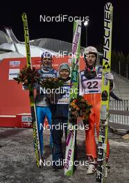 04.02.2016, Oslo, Norway (NOR): Maren Lundby (NOR), Sara Takanashi (JPN), Irina Avvakumova (RUS), (l-r) - FIS world cup ski jumping ladies, individual HS134, Oslo (NOR). www.nordicfocus.com. © Felgenhauer/NordicFocus. Every downloaded picture is fee-liable.