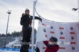 04.01.2017, Oberhof, Germany (GER): Event Feature: The Infront technicians install the start gate -  IBU world cup biathlon, training, Oberhof (GER). www.nordicfocus.com. © Manzoni/NordicFocus. Every downloaded picture is fee-liable.
