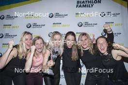 19.03.2017, Oslo, Norway (NOR): Denise Herrmann (GER), Franziska Hildebrand (GER), Maren Hammerschmidt (GER), Vanessa Hinz (GER), Nadine Horchler (GER), Laura Dahlmeier (GER), (l-r) -  IBU world cup biathlon, cups, Oslo (NOR). www.nordicfocus.com. © Manzoni/NordicFocus. Every downloaded picture is fee-liable.