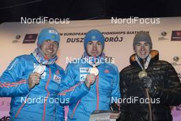 28.01.2017, Duszniki Zdroj, Poland (POL): Pursuit men: Evgeniy Garanichev (RUS), Alexander Loginov (RUS), Andrejs Rastorgujevs (LAT), (l-r) - IBU Open European championships biathlon, medals, Duszniki Zdroj (POL). www.nordicfocus.com. © Manzoni/NordicFocus. Every downloaded picture is fee-liable.