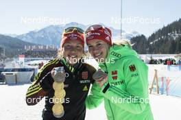 19.02.2017, Hochfilzen, Austria (AUT): Laura Dahlmeier (GER), Maren Hammerschmidt (GER), (l-r) - IBU world championships biathlon, medals, Hochfilzen (AUT). www.nordicfocus.com. © NordicFocus. Every downloaded picture is fee-liable.