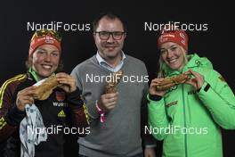 19.02.2017, Hochfilzen, Austria (AUT): Laura Dahlmeier (GER), Wolfgang Mayer (AUT), Maren Hammerschmidt (GER), (l-r) - IBU world championships biathlon, medals, Hochfilzen (AUT). www.nordicfocus.com. © NordicFocus. Every downloaded picture is fee-liable.