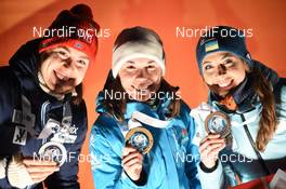 02.12.2017, Oestersund, Sweden, (SWE): Synnoeve Solemdal (NOR), Nadezhda Skardino (BLR), Yuliia Dzhima (UKR) - IBU world cup biathlon, award and pricegiving ceremony, Oestersund (SWE). www.nordicfocus.com. © Tumashov/NordicFocus. Every downloaded picture is fee-liable.