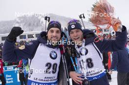 15.12.2017, Annecy-Le Grand Bornand, France (FRA): Simon Desthieux (FRA), Antonin Guigonnat (FRA), (l-r) -  IBU world cup biathlon, sprint men, Annecy-Le Grand Bornand (FRA). www.nordicfocus.com. © Manzoni/NordicFocus. Every downloaded picture is fee-liable.
