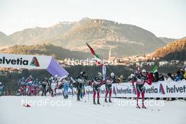 07.01.2017, Val di Fiemme, Italy (ITA): Niklas Dyrhaug (NOR), Didrik Toenseth (NOR), Martin Johnsrud Sundby (NOR), Dario Cologna (SUI), Matti Heikkinen (FIN), (l-r)  - FIS world cup cross-country, tour de ski, mass men, Val di Fiemme (ITA). www.nordicfocus.com. © Modica/NordicFocus. Every downloaded picture is fee-liable.