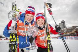 17.03.2017, Quebec, Canada (CAN): Johannes Hoesflot Klaebo (NOR), Maiken Caspersen Falla (NOR), (l-r)  - FIS world cup cross-country, cups, Quebec (CAN). www.nordicfocus.com. © Modica/NordicFocus. Every downloaded picture is fee-liable.