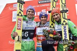 12.03.2017, Oslo, Norway (NOR): Andreas Wellinger (GER), Stefan Kraft (AUT), Markus Eisenbichler (GER), (l-r) - FIS world cup ski jumping, individual HS134, Oslo (NOR). www.nordicfocus.com. © Thibaut/NordicFocus. Every downloaded picture is fee-liable.