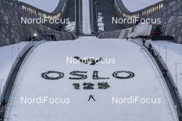11.03.2017, Oslo, Norway (NOR): Event Feature: undefined Jumper flies over the OSLO 125 Logo - FIS world cup ski jumping, team HS134, Oslo (NOR). www.nordicfocus.com. © Manzoni/NordicFocus. Every downloaded picture is fee-liable.