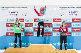 02.03.2017, Lahti, Finland (FIN): Andreas Wellinger (GER), Stefan Kraft (AUT), Piotr Zyla (POL), (l-r) - FIS nordic world ski championships, ski jumping, individual HS130, Lahti (FIN). www.nordicfocus.com. © NordicFocus. Every downloaded picture is fee-liable.