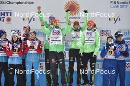 26.02.2017, Lahti, Finland (FIN): Markus Eisenbichler (GER), Andreas Wellinger (GER), Svenja Wuerth (GER), Carina Vogt (GER), (l-r) - FIS nordic world ski championships, ski jumping, mixed team HS100, Lahti (FIN). www.nordicfocus.com. © Thibaut/NordicFocus. Every downloaded picture is fee-liable.