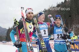 14.01.2018, Ruhpolding, Germany (GER): Martin Fourcade (FRA), Johannes Thingnes Boe (NOR), Antonin Guigonnat (FRA), (l-r) -  IBU world cup biathlon, mass men, Ruhpolding (GER). www.nordicfocus.com. © Manzoni/NordicFocus. Every downloaded picture is fee-liable.